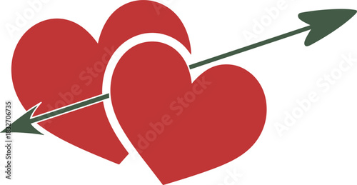 Two red hearts pierced by arrow, love, romance, Valentine's Day symbol, cupid, relationship vector