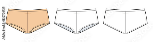 Low-Waist Boyshorts Technical Fashion Illustration. Low-Rise Women’s Underwear Vector Template with Front, and Back Views. Soft Seam Details and Clean Contour Lines. CAD Mockup Set for Designers