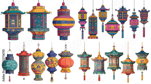 Colorful traditional lantern illustration set featuring ornate shapes and cultural decorative patterns. Ideal for festival themes, celebration designs and creative craft visuals.