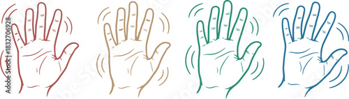Vibrant doodle of multiple hands in various colors waving in unison, symbolizing diversity, welcome, and active participation. Vector