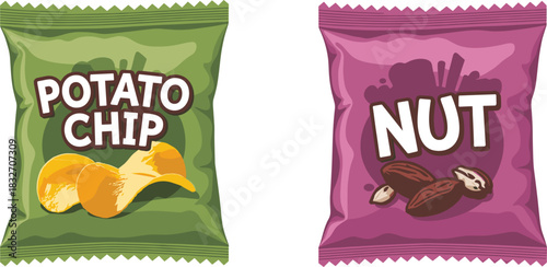 Potato chip and nut snack bags set, food packaging design, crisp packet, vending machine vector