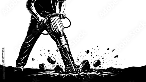 Construction Worker Using Jackhammer Breaking Concrete – Powerful Industrial Illustration