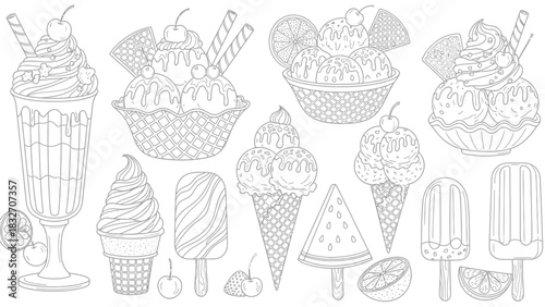 Ice Cream Dessert Coloring Page Illustration – Cute Frozen Treat Line Art for Kids
