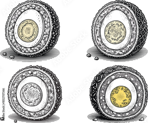 Vintage engraved scotch egg icon set featuring layered crispy coating, savory filling cross-section and classic culinary illustration