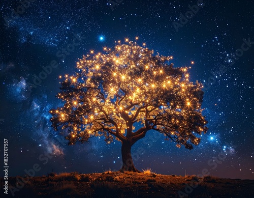 Magical Tree Adorned With Glowing Lights Shines Bright Under a Starry Night Sky
