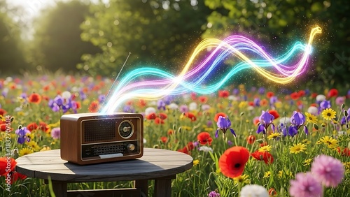 Fototapeta Naklejka Na Ścianę i Meble -  World radio day celebration in a vibrant wildflower meadow