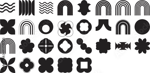 Minimalist abstract geometric shapes and modern floral icons collection in black and white for contemporary design elements. Vector