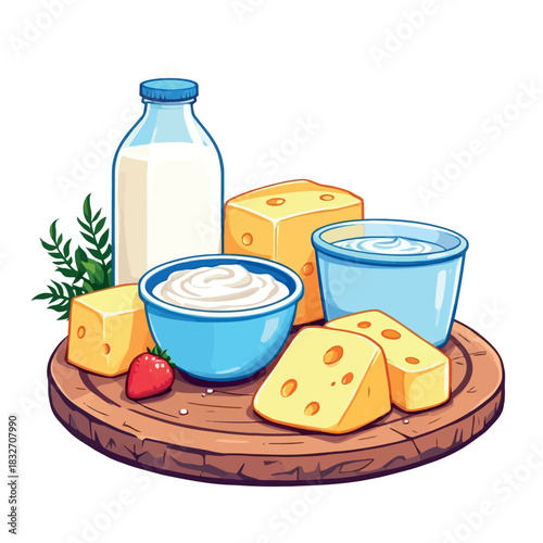 Vsai dairy products on wooden board illustrating healthy diet