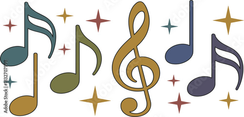 Music notes colorful set, treble clef, eighth note, sound and melody graphic, vector background