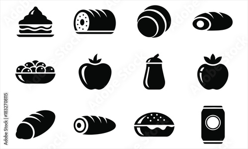 A collection of food and drink icons, including desserts, bread, and beverages