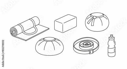 Line drawings of various camping equipment on a white background