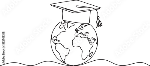 Continuous one Line Drawing of Graduation Globe. one line Icon drawing