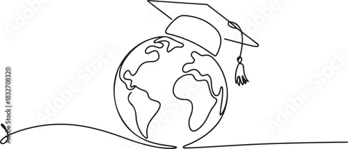 Continuous one Line Drawing of Graduation Globe. one line Icon drawing