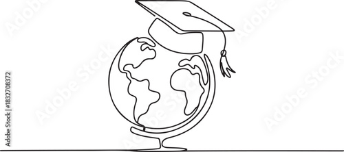 Continuous one Line Drawing of Graduation Globe. one line Icon drawing