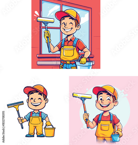 Vsai smiling cartoon window cleaner holding squeegee and bucket