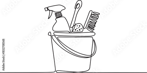 Bucket with cleaning supplies in one continuous line drawing. Cleanup and washing concept in simple linear style. Household and housekeeping symbol in editable stroke. one line Icon drawing