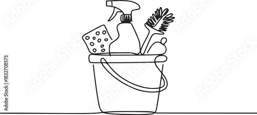 Bucket with cleaning supplies in one continuous line drawing. Cleanup and washing concept in simple linear style. Household and housekeeping symbol in editable stroke. one line Icon drawing