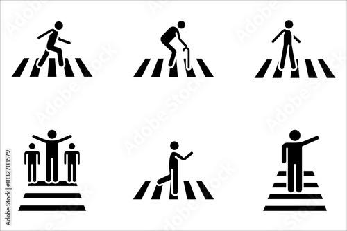 Crosswalk icon set. Pedestrian crossing sign. Zebra crossing simple on white background