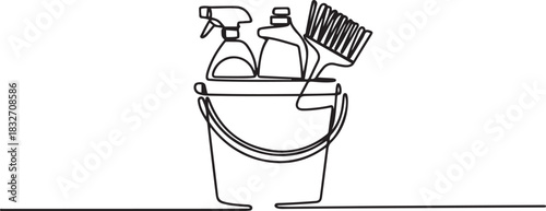 Bucket with cleaning supplies in one continuous line drawing. Cleanup and washing concept in simple linear style. Household and housekeeping symbol in editable stroke. one line Icon drawing