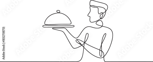 Hand drawn doodle serving food icon illustration in continuous line art style vector. Illustration with quote template. one line Icon drawing