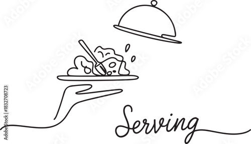 Hand drawn doodle serving food icon illustration in continuous line art style vector. Illustration with quote template. one line Icon drawing
