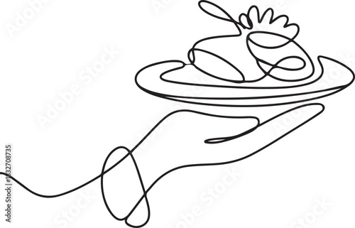 Hand drawn doodle serving food icon illustration in continuous line art style vector. Illustration with quote template. one line Icon drawing