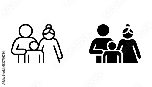 Family with children, line icon set. Child with father and mother, parents. Happy family on white background