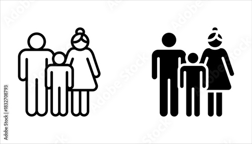 Family with children, line icon set. Child with father and mother, parents. Happy family on white background