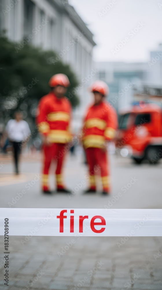 Obraz premium Urban emergency response scene with fire blurred hands and first responders
