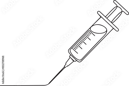 Vector syringe with needle medicine in one line on a white background. Vector outline of a syringe injection. one line Icon drawing