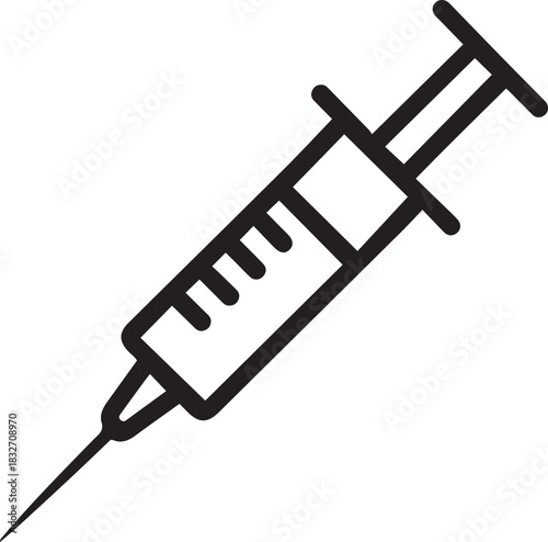 Vector syringe with needle medicine in one line on a white background. Vector outline of a syringe injection. one line Icon drawing