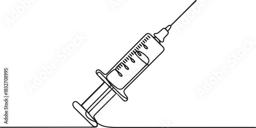 Vector syringe with needle medicine in one line on a white background. Vector outline of a syringe injection. one line Icon drawing