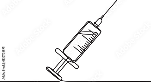 Vector syringe with needle medicine in one line on a white background. Vector outline of a syringe injection. one line Icon drawing