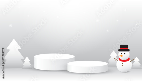Two white blank podiums for show products on Merry Christmas and happy new year festival elements background, Vector illustration.