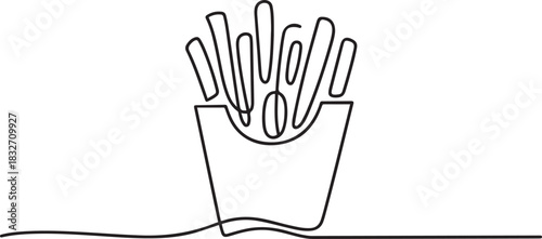 Fried potato sticks in modern single line drawing style, in continuous line art. Vector illustration, Continuous one line drawing of french fries. one line Icon drawing