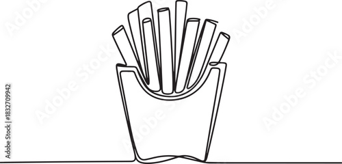 Fried potato sticks in modern single line drawing style, in continuous line art. Vector illustration, Continuous one line drawing of french fries. one line Icon drawing