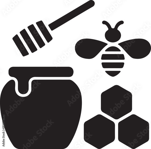 Honey jar silhouette icon with bee and honeycomb organic food symbol vector illustration 