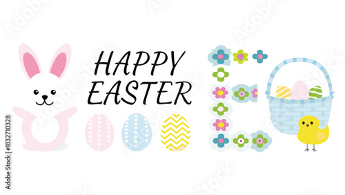 Happy easter greeting with a cute bunny decorated eggs a basket of eggs a yellow chick and colorful floral decorations on a white background