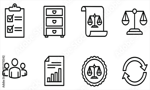 A versatile set of outline icons for law, justice, business management, and data analysis, thin line style collection 40