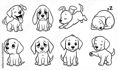Collection of Cute Puppy Illustrations with Various Expressions and Poses