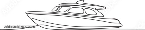 One continuous line drawing of passenger boat with roof. Vector illustration of one line drawing of passenger boat moored. one line Icon drawing