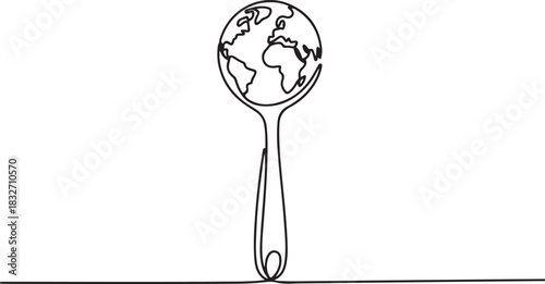 Continuous one line drawing a spoon with a globe on the end. Supporting the formation of a more serious world food agency. Rise awareness. one line Icon drawing