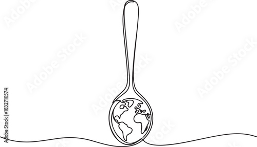 Continuous one line drawing a spoon with a globe on the end. Supporting the formation of a more serious world food agency. Rise awareness. one line Icon drawing