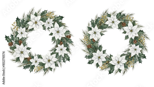 Watercolor White Poinsettia Christmas Wreath Set with Holly Leaves, Pine and Berries Holiday Illustration
