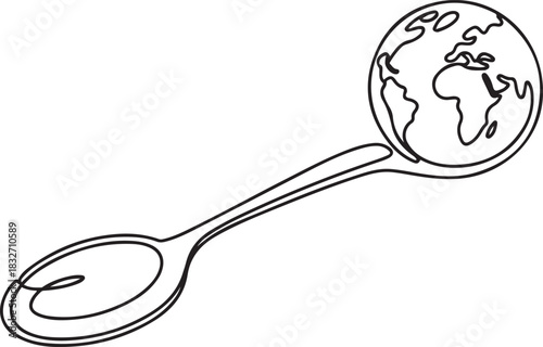 Continuous one line drawing a spoon with a globe on the end. Supporting the formation of a more serious world food agency. Rise awareness. one line Icon drawing
