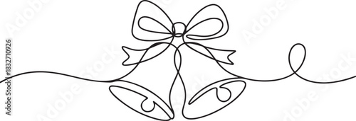 Continuous one line drawing of Christmas bells icon with bow. Illustration for postcard, greeting card decoration. one line Icon drawing