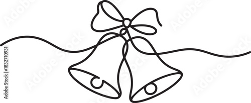 Continuous one line drawing of Christmas bells icon with bow. Illustration for postcard, greeting card decoration. one line Icon drawing