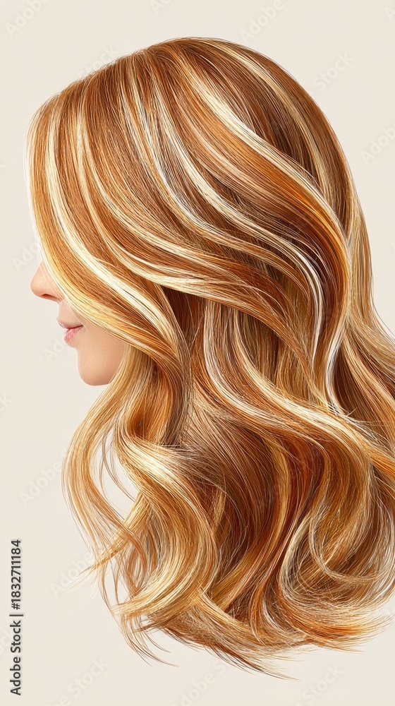 Naklejka premium A beautiful profile view of wavy, sun-kissed hair, showcasing natural highlights and a glossy finish against a neutral backdrop.