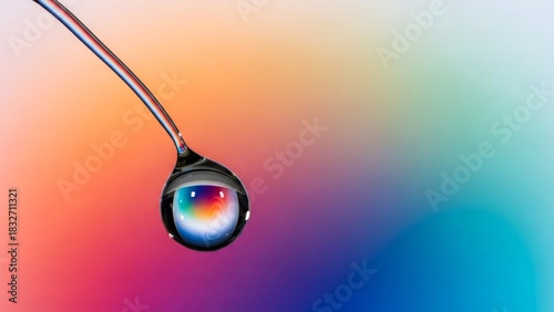 Macro shot of a water droplet reflecting a colorful background.