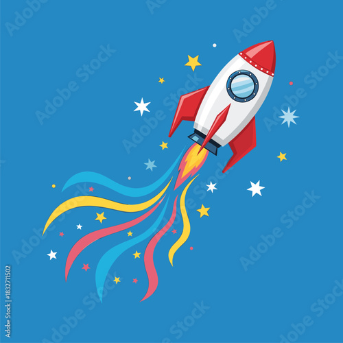 Vibrant cartoon rocket launching with colorful exhaust trail and stars against a blue sky, symbolizing startup success or space exploration.